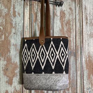 Myra Edgy Imprints Canvas Rug Cowhide Detail Leather Strap Double Wine Tote